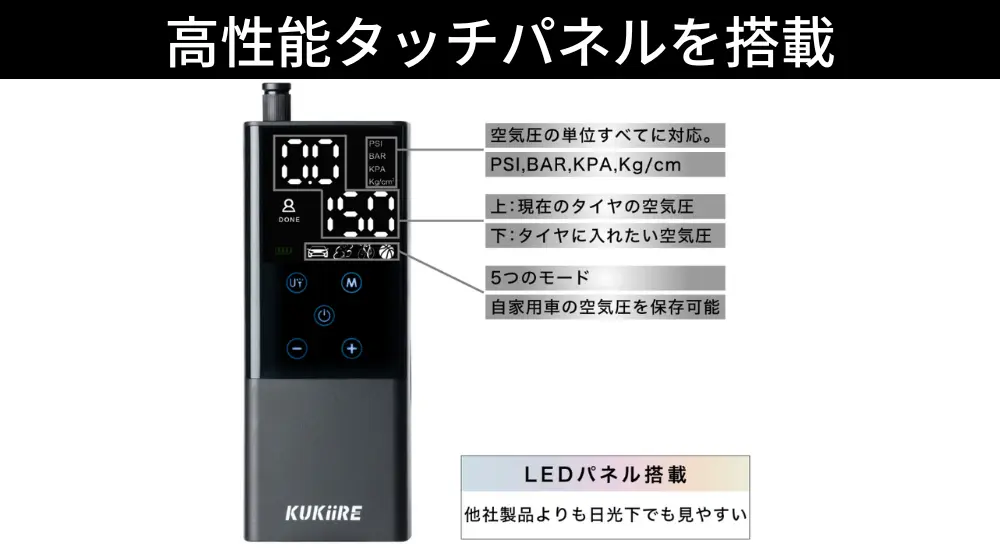 KUKIIRE 『スマート空気入れ』はタッチパネルを搭載している